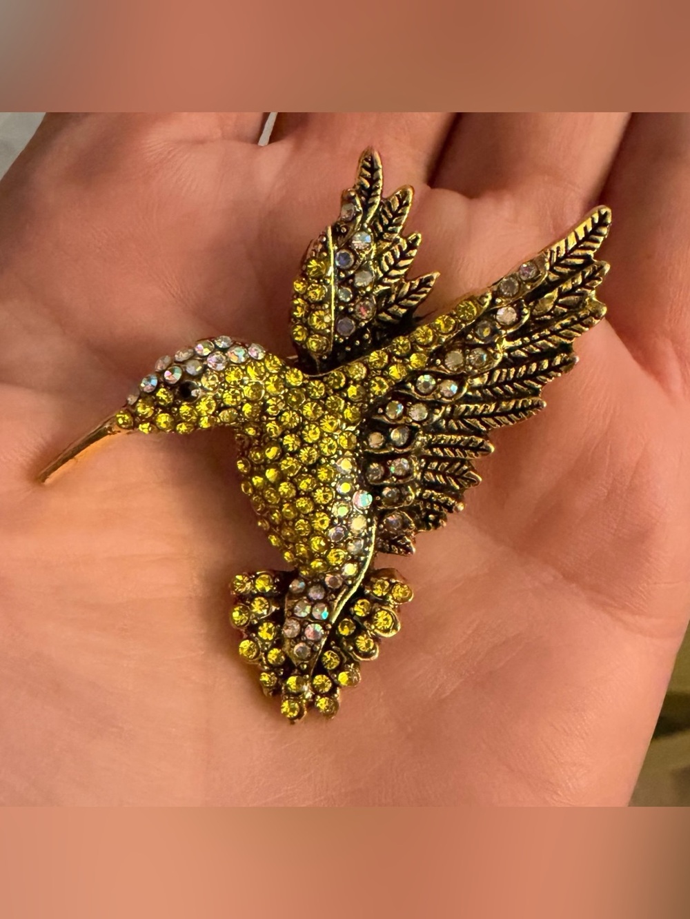 Yellow Crystal Hummingbird Brooch